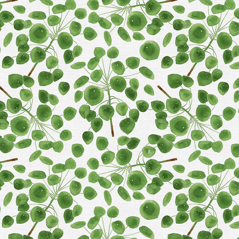 May include: A seamless pattern featuring watercolor illustrations of green round leaves with stems on a white background.