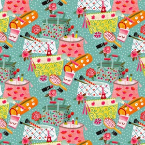 May include: A repeating pattern of cosmetic bags, makeup brushes, lipsticks, and roses on a teal background with white polka dots. The bags are in various colors and designs, including floral and cherry patterns.