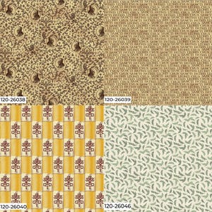 Peut inclure: Quatre &eacute;chantillons de tissu avec des motifs r&eacute;p&eacute;titifs. L'un pr&eacute;sente des portraits et des &eacute;l&eacute;ments floraux dans des tons bruns. Un autre a un motif de texte r&eacute;p&eacute;titif. Le troisi&egrave;me a un fond jaune avec des cr&ecirc;tes r&eacute;p&eacute;titives. Le dernier a un motif de feuilles vertes.