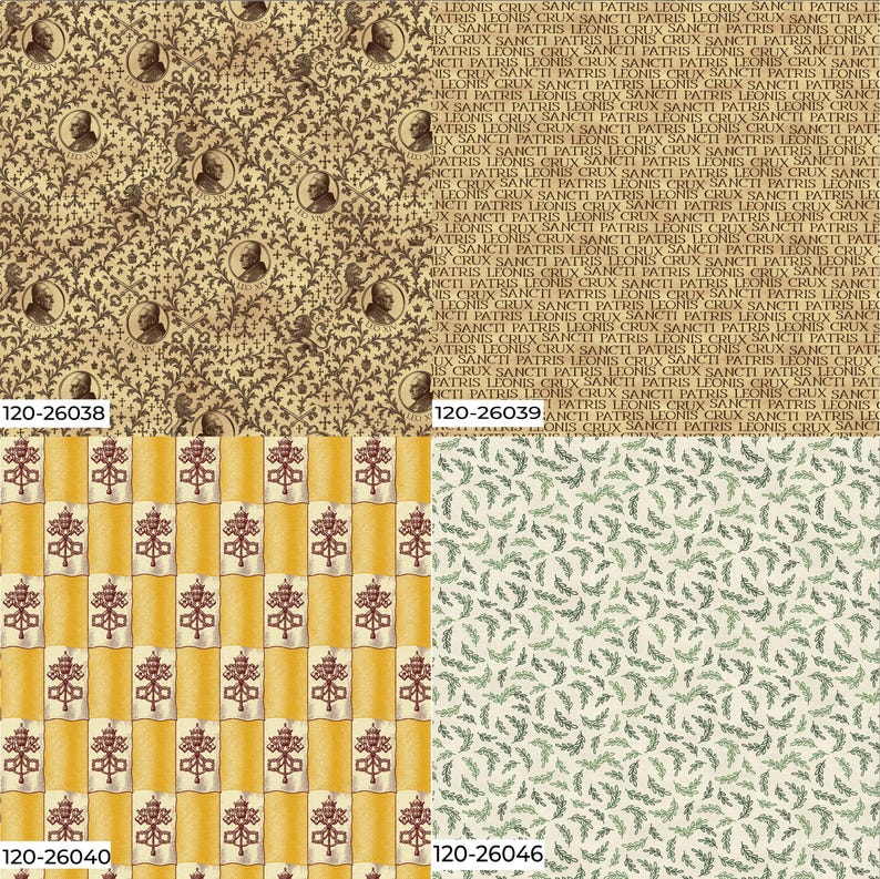 Peut inclure: Quatre &eacute;chantillons de tissu avec des motifs r&eacute;p&eacute;titifs. L'un pr&eacute;sente des portraits et des &eacute;l&eacute;ments floraux dans des tons bruns. Un autre a un motif de texte r&eacute;p&eacute;titif. Le troisi&egrave;me a un fond jaune avec des cr&ecirc;tes r&eacute;p&eacute;titives. Le dernier a un motif de feuilles vertes.