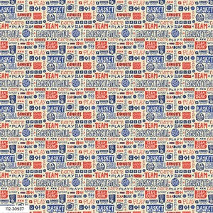 May include: A seamless pattern featuring a variety of basketball-themed words and phrases in red, blue, and white on a cream background. The words include "basketball", "team", "play", "slam", "dunk", "favorite", "sport", and "go!" The pattern is perfect for use in a variety of creative projects.