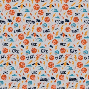 May include: A repeating pattern featuring orange basketballs, blue clouds, lightning bolts, and basketball hoops on a light gray background. The words "OKC", "BOOM!", "BANG!", and "CLAP!" are also included in the design.