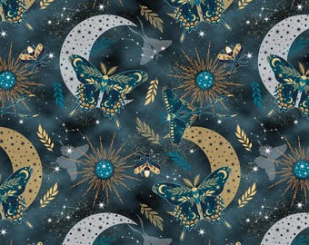 Celestial Moth Butterfly Fabric by the Yard, 100% Quilting Cotton, Dark Teal Gold Fabric