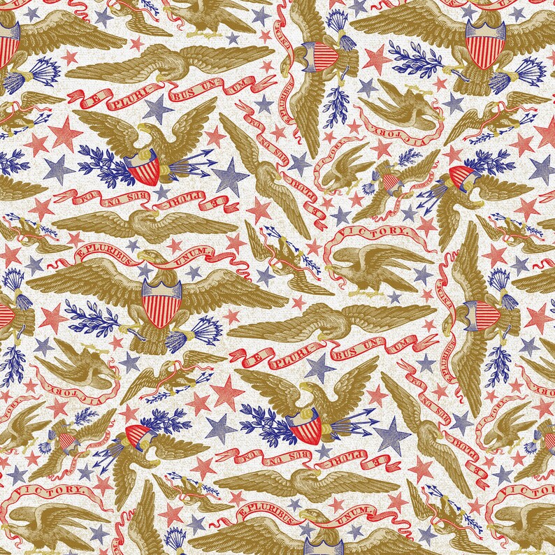 May include: A repeating pattern featuring gold eagles, red and blue stars, and banners with text. The eagles hold shields with red and white stripes. The banners have text in red and blue. The background is off-white.