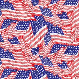 May include: A repeating pattern of the American flag. The design features numerous waving flags in red, white, and blue. The flags have red and white stripes and a blue field with white stars.
