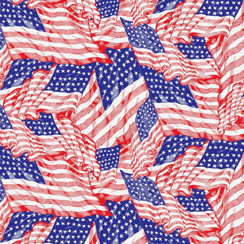 May include: A repeating pattern of the American flag. The design features numerous waving flags in red, white, and blue. The flags have red and white stripes and a blue field with white stars.