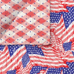 May include: A patriotic design featuring a repeating pattern of American flags in red, white, and blue. The flags have a vintage, etched appearance. A separate section displays a red and white checkered pattern with blue stars.