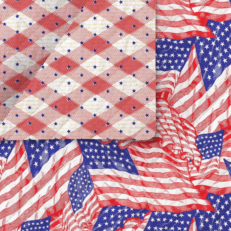 May include: A patriotic design featuring a repeating pattern of American flags in red, white, and blue. The flags have a vintage, etched appearance. A separate section displays a red and white checkered pattern with blue stars.