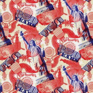 May include: A patriotic pattern featuring the Statue of Liberty, eagles, and other national symbols in red, white, and blue. The design includes the text "50 YEARS" and a map of the United States.