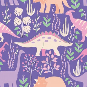 Dinosaur Stories van The Tiny Garden - roze - Paintbrush Studio Fabrics - zachte katoenen stof