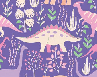 Dinosaur Stories by The Tiny Garden - Pink Colorway - Paintbrush Studio Fabrics - Soft Cotton Fabric