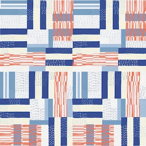 Op de afbeelding: Abstract geometrisch patroon met een witte achtergrond en blauwe, rode en lichtblauwe strepen en stippen.