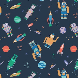 Robots en orbite par Alice Potter - Paintbrush Studio Fabrics - Tissu en coton matelassé doux