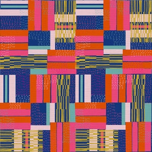Op de afbeelding: Abstract geometrisch patroon met een herhalend ontwerp van horizontale en verticale strepen in tinten roze, oranje, geel, blauw en wit.