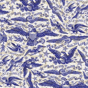 May include: A repeating pattern featuring blue eagles, stars, and banners on a cream background. The eagles are depicted with outstretched wings, holding shields and olive branches. Banners display phrases like "E Pluribus Unum" and "Victory".
