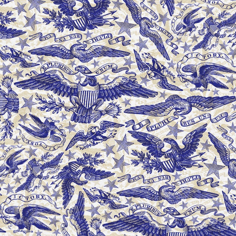 May include: A repeating pattern featuring blue eagles, stars, and banners on a cream background. The eagles are depicted with outstretched wings, holding shields and olive branches. Banners display phrases like "E Pluribus Unum" and "Victory".