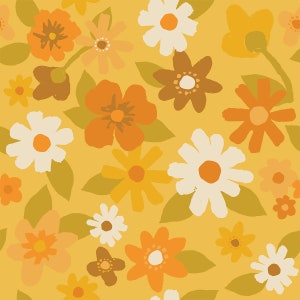 May include: A seamless pattern featuring a variety of stylized flowers in shades of orange, yellow, and white on a yellow background.