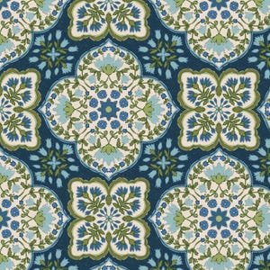 May include: A seamless pattern featuring a repeating floral design in shades of blue, green, and cream against a dark blue background. The pattern includes stylized flowers and geometric shapes, creating a decorative and intricate design.