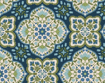 Block Print Blue & Green Floral Tile Soft Cotton Fabric by the Yard