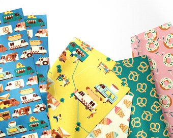 May include: Five different patterned wrapping paper designs. The designs include food trucks, pretzels, donuts, ice cream cones, and people walking.