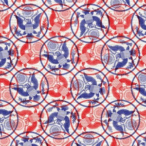 May include: A repeating pattern featuring red and blue eagles with the American flag on their chests, set within overlapping circles. The design includes floral elements and script on a cream background, creating a patriotic theme.