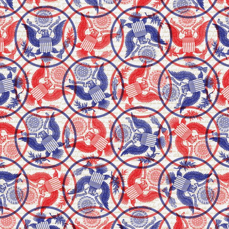 May include: A repeating pattern featuring red and blue eagles with the American flag on their chests, set within overlapping circles. The design includes floral elements and script on a cream background, creating a patriotic theme.