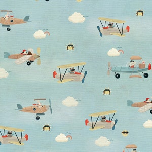 May include: A seamless pattern featuring a light blue background with multiple cartoon airplanes flying in the sky. The airplanes are yellow, brown, and blue with red accents. The sky is decorated with white clouds and yellow suns.