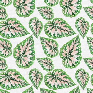 May include: A seamless pattern featuring pink and green leaves with a white background. The leaves have a speckled pattern and are arranged in a repeating pattern.