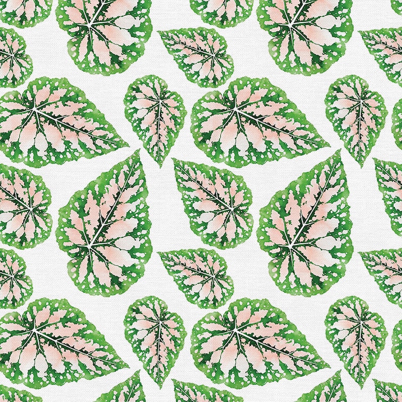 May include: A seamless pattern featuring pink and green leaves with a white background. The leaves have a speckled pattern and are arranged in a repeating pattern.