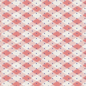 May include: A repeating pattern of red and white diamond shapes with blue stars. The background is a light beige color. The pattern is reminiscent of a picnic blanket or tablecloth.