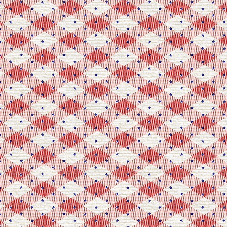 May include: A repeating pattern of red and white diamond shapes with blue stars. The background is a light beige color. The pattern is reminiscent of a picnic blanket or tablecloth.