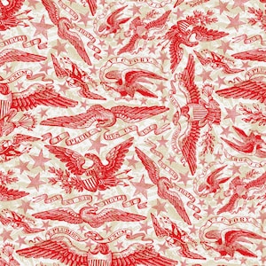 May include: A repeating pattern featuring red eagles, stars, and banners with text on a cream background. The eagles are depicted with outstretched wings and are interspersed with star shapes. Banners display phrases like "E Pluribus Unum."
