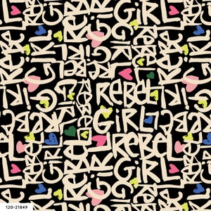 May include: A black background with a repeating pattern of white, yellow, pink, blue, and green graffiti-style lettering. The words "Girl" and "Rebel" are repeated throughout the pattern.