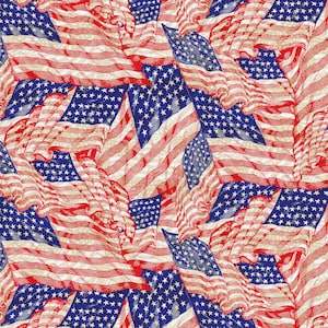 May include: A repeating pattern of vintage American flags. The flags are depicted in red, white, and blue, with stars and stripes. The design has a slightly distressed, aged appearance, creating a patriotic and classic aesthetic.
