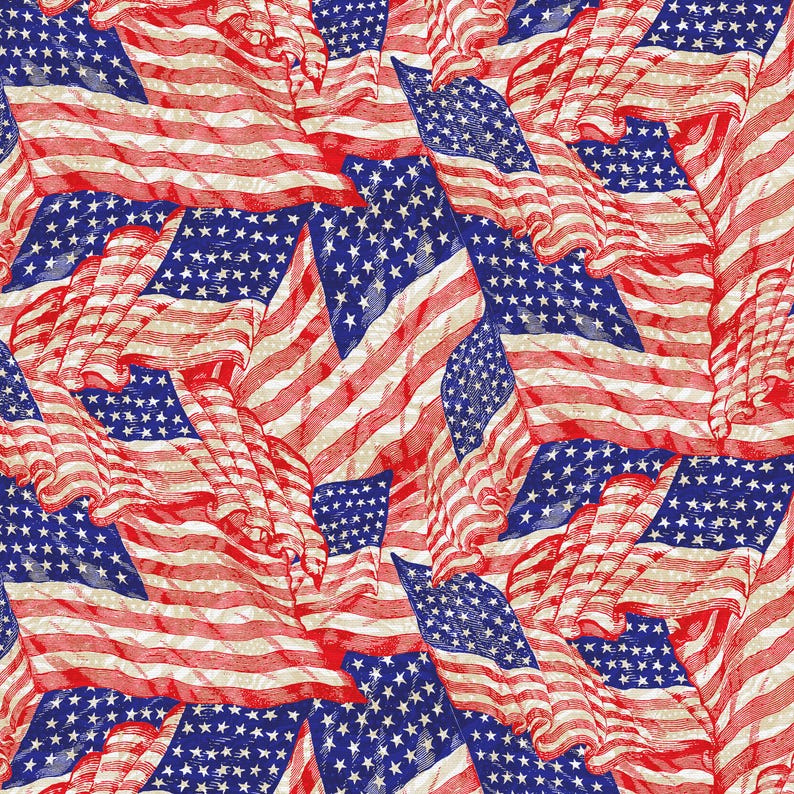 May include: A repeating pattern of vintage American flags. The flags are depicted in red, white, and blue, with stars and stripes. The design has a slightly distressed, aged appearance, creating a patriotic and classic aesthetic.