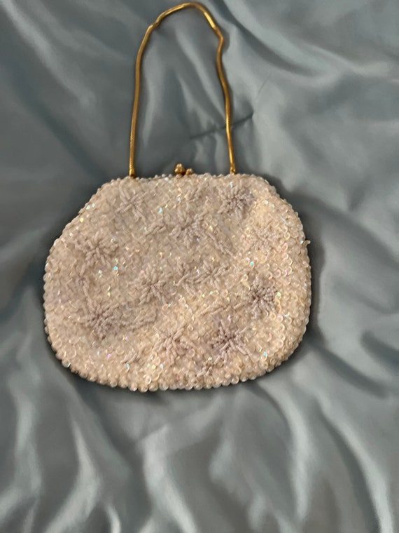 Vintage ivory beaded clutch with snap closure - image 1