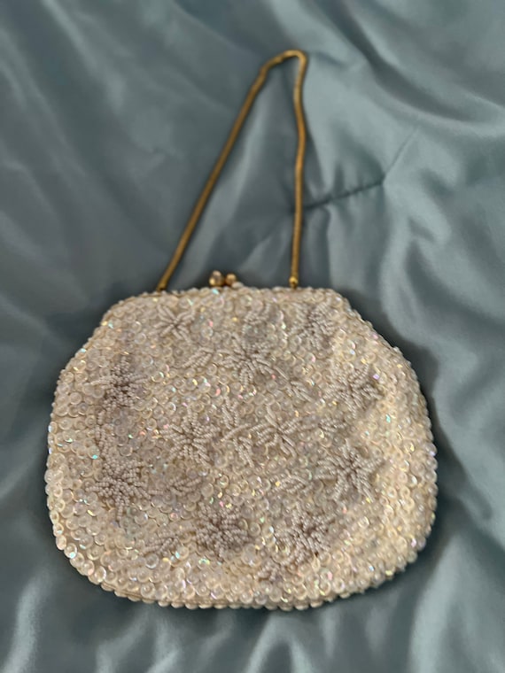 Vintage ivory beaded clutch with snap closure - image 2