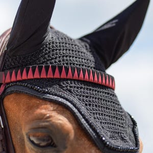 Op de afbeelding: Close-up van een paardenhoofd met een zwarte vliegenmasker met een roze en zwarte bies. Het masker heeft oorbeschermers en een gaasneus.