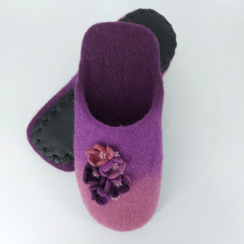 Warming gift Felted slippers with a decor of violets Handmade wool flat shoes Slippers for woman image 4