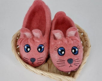 Pink Bunny slippers Hare Felted slippers Handmade flat shoes Funny slippers with ears for kids  Felted animals  Natural Warming gift