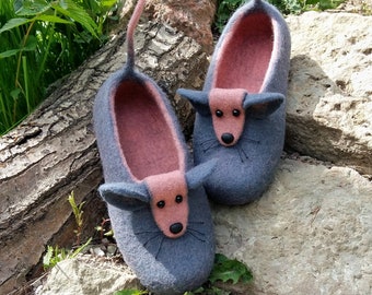 Pantuflas de ratón de fieltro: zapatos de lana hechos a mano con suela de cuero