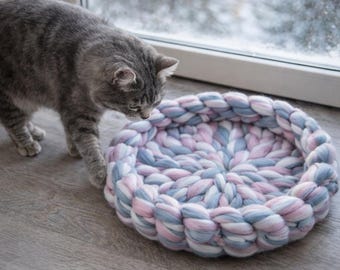 Cama para gatos de lana merino gruesa: acogedora cueva de fieltro, ropa de cama para mascotas, regalo
