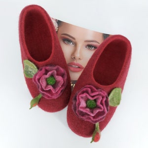 Felted Wool Slippers: Wine Red Flower Decor, Handmade Leather Sole