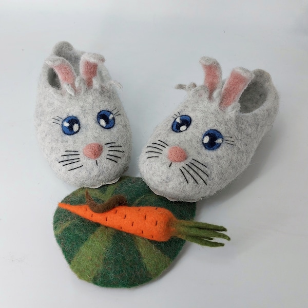 Bunny slippers Hare symbol 2023 Felted slippers Handmade flat shoes Funny slippers with ears for kids  Felted animals  Natural Warming gift