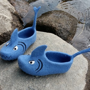 Shark slippers Kids slippers Handmade wool flat shoes Funny Blue sharks slippers Felted animals Natural Warming gift