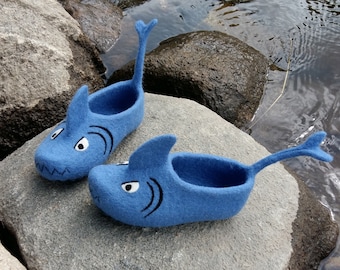 Shark slippers Kids slippers Handmade wool flat shoes Funny Blue sharks slippers Felted animals Natural Warming gift