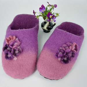 Warming gift Felted slippers with a decor of violets Handmade wool flat shoes Slippers for woman image 1