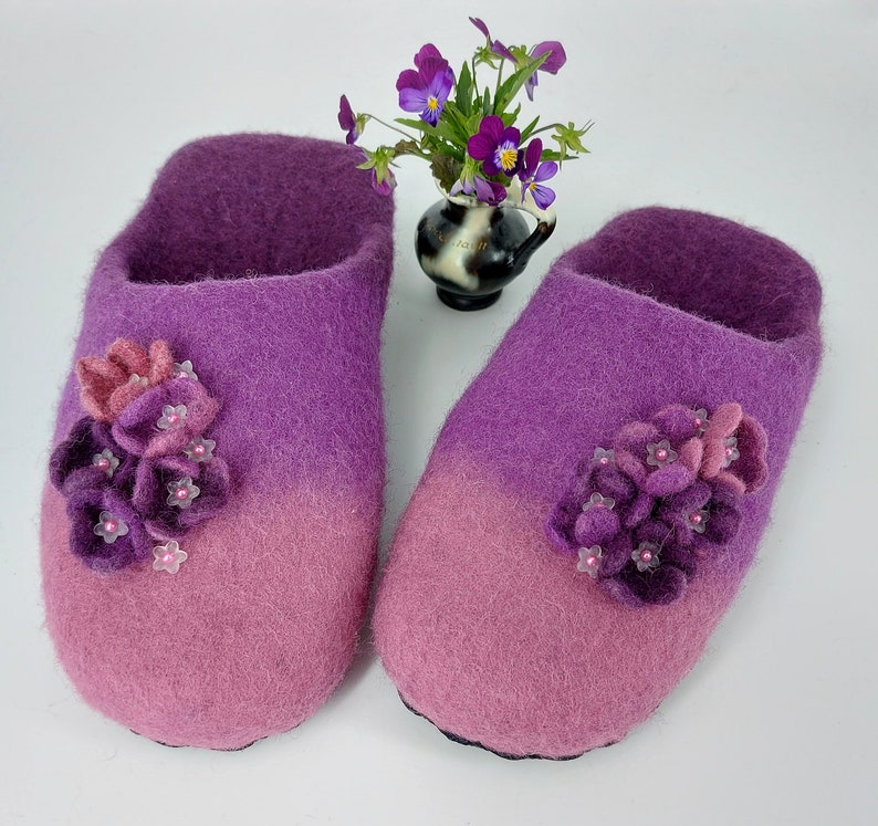 Warming gift Felted slippers with a decor of violets Handmade wool flat shoes Slippers for woman image 1