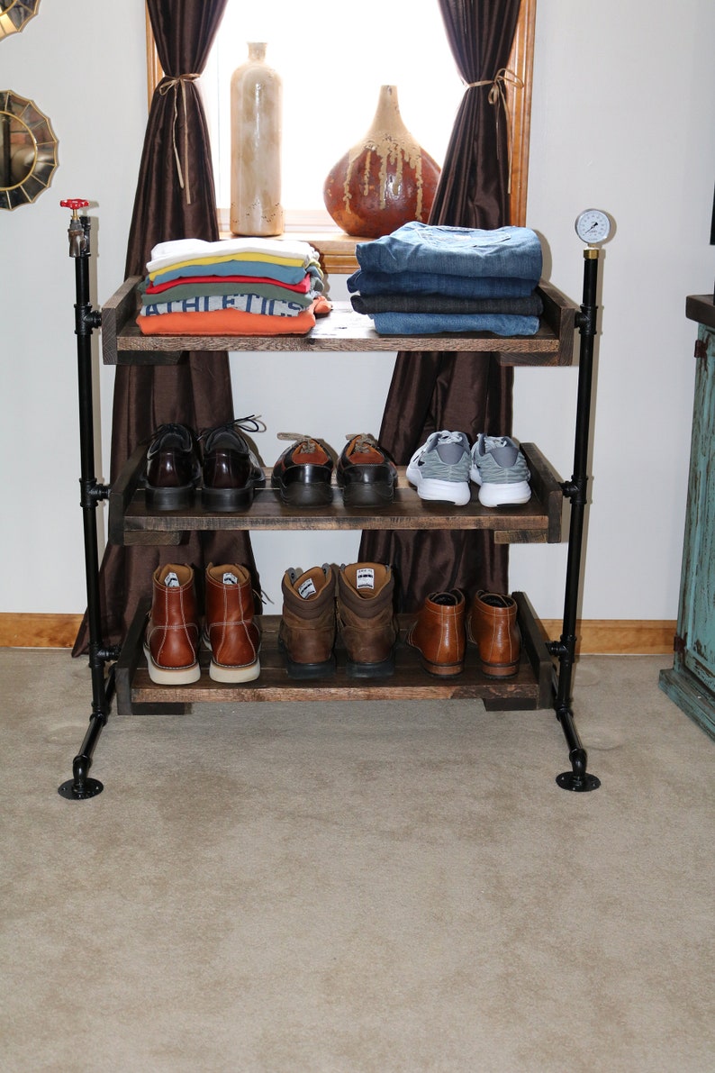 Wood Shoe Rack 3 Shelf Shoe Rack Shelf Display Wood Shoe Storage Clothes Storage Industrial Pipe Shoe Rack Reclaimed Wood Organizer