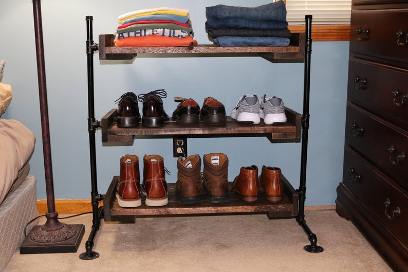Wood Shoe Rack 3 Shelf Shoe Rack Shelf Display Wood Shoe Storage Clothes Storage Industrial Pipe Shoe Rack Reclaimed Wood Organizer